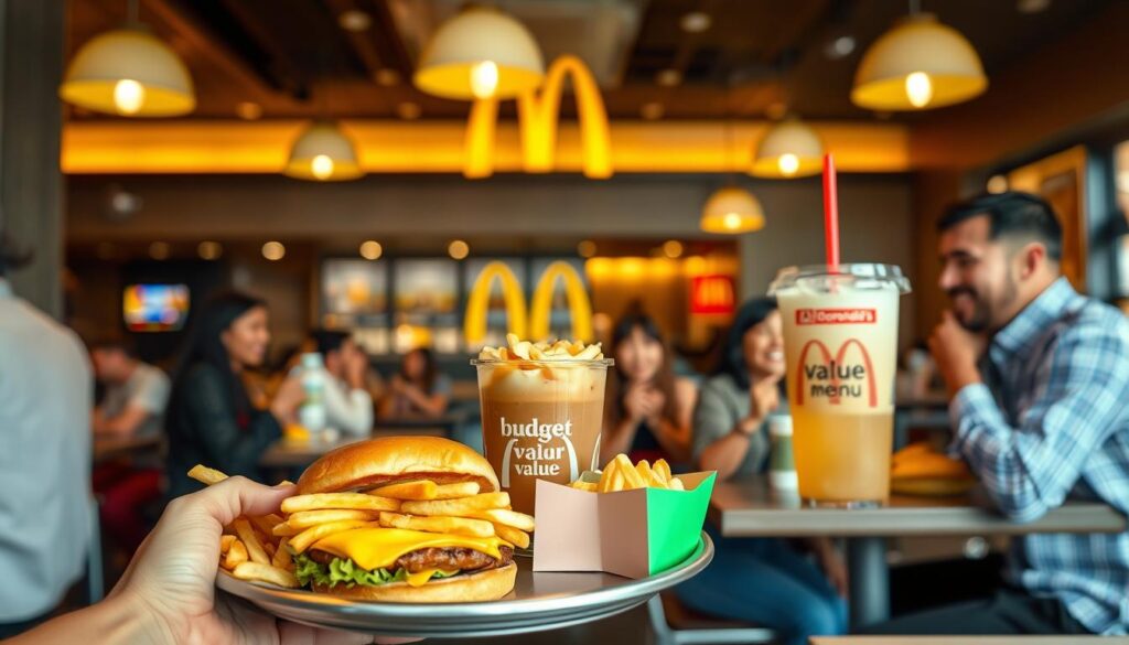 A McDonald's dining area, bathed in warm, inviting lighting. In the foreground, a customer's hands hold a tray filled with a classic cheeseburger, fries, and a soft drink from the Value Menu, showcasing the budget-friendly options. In the middle ground, a group of people enjoy their affordable meals, smiling and engaged in conversation. The background features the iconic golden arches and a clean, modern restaurant design, conveying a sense of accessibility and value. The overall atmosphere is one of thrift and satisfaction, highlighting the smart savings strategy of the McDonald's Budget Menu.