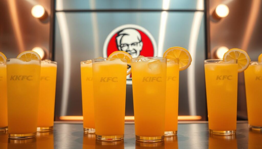A beautifully lit, high-resolution photograph of a KFC KWENCH Lemonade Refreshers display. The foreground features a row of tall, frosty glasses filled with a vibrant yellow-orange lemonade, garnished with slices of fresh lemon. The middle ground showcases the iconic KFC KWENCH logo prominently displayed on a sleek, metallic backdrop. The background is softly blurred, creating a sense of depth and focus on the refreshing beverages. The lighting is warm and natural, casting gentle shadows and highlights that accentuate the crystalline ice cubes and the glossy sheen of the glasses. The overall composition exudes a refreshing, summery atmosphere, inviting the viewer to experience the tantalizing KFC KWENCH Lemonade Refreshers.
