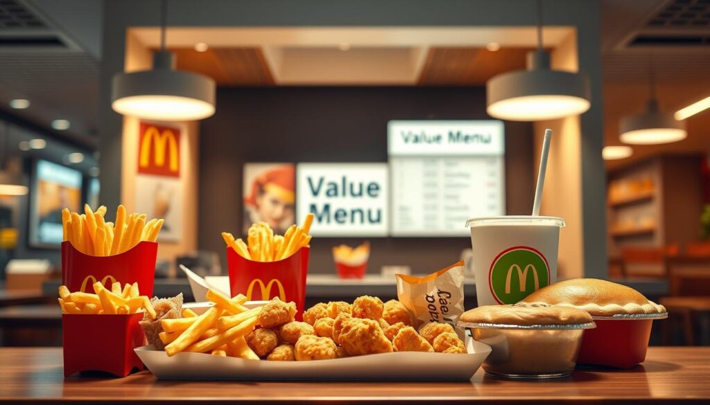 A beautifully lit, photorealistic image of a McDonald's Value Menu featuring an array of popular side items and snacks. The foreground showcases a selection of items including French fries, chicken nuggets, apple pie, and a soft drink. The middle ground features a clean, minimalist menu board with the "Value Menu" title prominently displayed. The background shows a modern, well-lit McDonald's restaurant interior with sleek decor and clean lines. The overall composition conveys a sense of high-quality, affordable menu options in a contemporary, inviting setting. The lighting is warm and natural, emphasizing the delectable appeal of the food items. The camera angle is slightly elevated, giving a clear, enticing view of the Value Menu offerings.