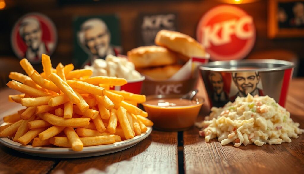 A bountiful display of classic KFC side dishes, captured in a warm, inviting setting. In the foreground, crisp golden-brown French fries, fluffy mashed potatoes, and creamy coleslaw are neatly arranged on a rustic wooden table. The middle ground features a selection of KFC's signature biscuits, fresh and flaky, alongside a bowl of savory gravy. In the background, a softly lit environment, with hints of the KFC branding visible, creates a comforting atmosphere. Warm lighting and a shallow depth of field accentuate the mouthwatering textures and colors of the dishes, inviting the viewer to indulge in this satisfying KFC side dish experience.