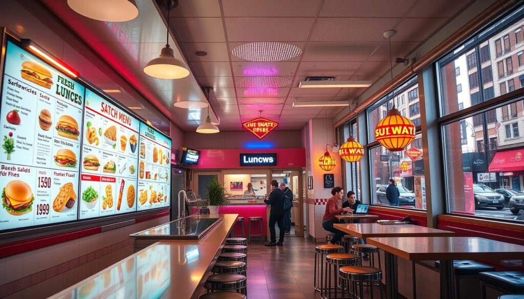 A bright, airy diner showcases an expansive subway-themed lunch menu, with a wide variety of sandwich options, fresh salads, and hot entrees displayed on crisp, illuminated menu boards. The foreground features a sleek, modern counter lined with stools, inviting patrons to peruse the mouthwatering selection. In the middle ground, neon signs and subway-inspired decor create a lively, urban atmosphere, while the background reveals large windows overlooking a bustling city street. The lighting is warm and natural, enhancing the vibrant colors and creating a welcoming, appetizing ambiance.