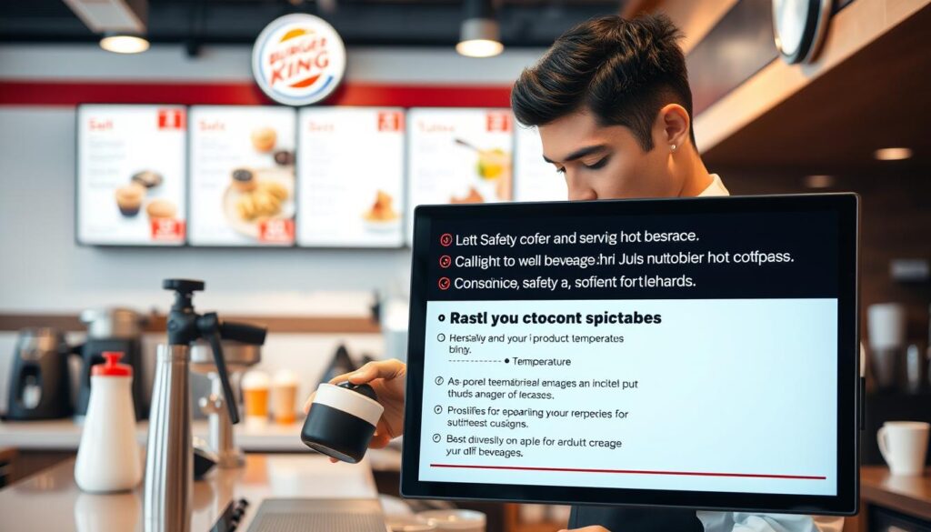 A bright, well-lit café interior with a prominent Burger King counter and menu boards in the background. In the foreground, a barista in a crisp uniform carefully preparing a hot coffee, following a clear set of instructions displayed on a sleek, modern signage. The signage outlines detailed safety protocols for handling and serving hot beverages, including temperature guidelines, pour techniques, and customer engagement procedures. The overall atmosphere conveys a sense of professionalism, efficiency, and care for customer safety.