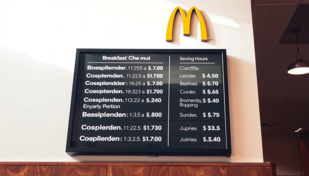 A bright, well-lit image of a McDonald's breakfast menu board displayed in the foreground, showcasing the various breakfast items and their corresponding serving hours. The menu is presented in a clear, legible font against a clean, neutral background, with a warm, inviting color palette that reflects the cozy atmosphere of a McDonald's restaurant. The image is captured from a slightly elevated angle, giving a sense of depth and highlighting the details of the menu. The lighting is natural and evenly distributed, creating a pleasant, appetizing ambiance. The overall composition is balanced and visually appealing, drawing the viewer's attention to the key information about McDonald's breakfast menu hours.