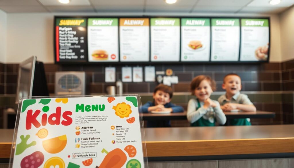 A brightly lit, clean Subway restaurant interior. In the foreground, a kids menu prominently displayed on the counter, showcasing various meal options. In the middle ground, a group of smiling children seated at a table, enjoying their meals. Behind them, a menu board highlighting the allergen information for each item, with clear icons and labels. The lighting is warm and inviting, creating a welcoming atmosphere. The overall scene conveys a sense of safety, nutrition, and delight, reflecting the Subway brand's commitment to providing wholesome options for families.