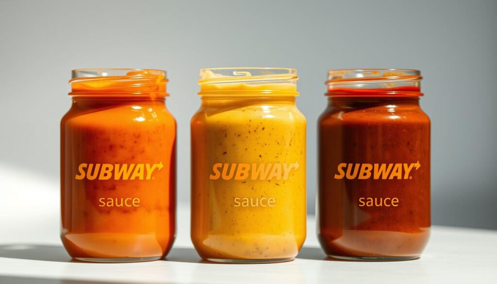 A brightly lit close-up of three different Subway sandwich sauces, each in a clear glass jar, arranged artfully on a clean white surface. The sauces have vibrant colors and interesting textures, suggesting unique flavor profiles. The jars are positioned at different angles, creating a dynamic, visually appealing composition. Soft shadows and highlights accentuate the dimensional qualities of the sauces. The overall mood is one of freshness, modernity, and culinary innovation, reflecting Subway's latest seasonal menu offerings.