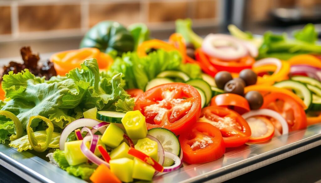 A brightly lit, high-resolution image of a fresh selection of Subway's vegetable toppings, neatly arranged on a sleek, modern serving tray. In the foreground, vibrant green lettuce leaves, crisp red tomatoes, and crunchy cucumber slices. The middle ground features juicy bell pepper rings in vibrant colors, while the background showcases a variety of other veggies like onions, olives, and pickles. The lighting is soft and natural, creating a warm, appetizing atmosphere. The image conveys a sense of freshness, health, and the high-quality ingredients used in Subway's nutritious meal options.