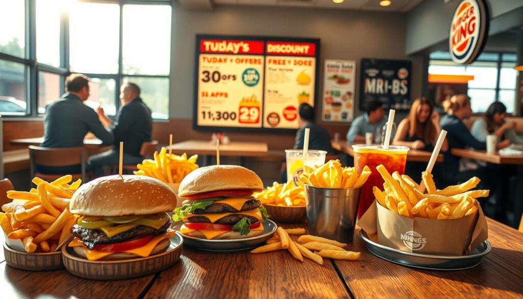 A bustling Burger King restaurant, sunlight streaming through the windows. In the foreground, an assortment of tempting lunch specials - burgers, fries, and drinks, arranged neatly on a wooden table. The middle ground features a menu board highlighting the day's savings, with bright, colorful graphics and enticing offers. In the background, patrons enjoy their meals, engaged in conversation and creating a lively, energetic atmosphere. The lighting is warm and inviting, with a slight vignette effect to draw the viewer's eye towards the delectable dishes. The scene conveys a sense of convenience, value, and satisfaction, perfectly encapsulating the "Customer Savings Tips and Strategies" theme.