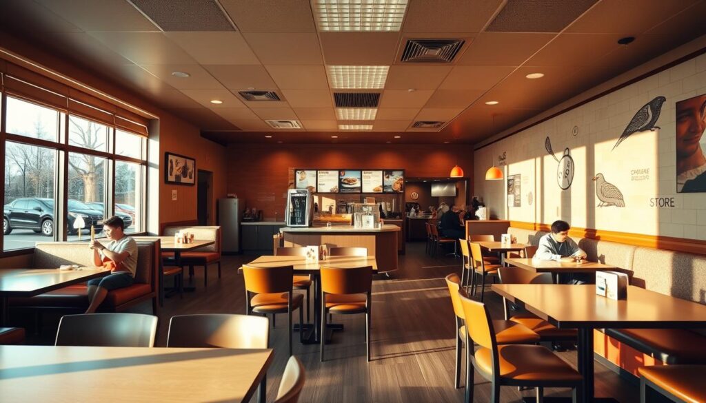 A bustling McDonald's breakfast location, captured with a wide-angle lens to showcase the varied seating arrangements and dining experiences. The warm, inviting atmosphere is enhanced by soft, natural lighting filtering through the windows, casting a golden glow over the scene. In the foreground, a mix of individual tables and cozy booths cater to different customer preferences, while the middle ground features a self-service kiosk and a counter for order pickup. In the background, the restaurant's signature decor and branding elements subtly create a sense of familiarity and brand recognition. The overall impression conveys the localized nature of McDonald's breakfast service, with nuanced differences in layout and timing across various restaurant locations.