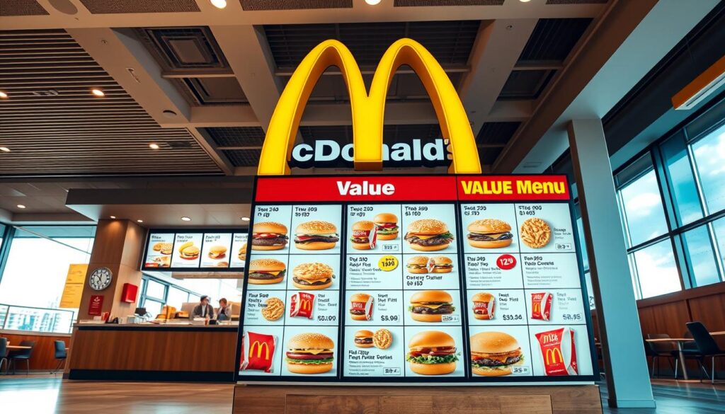A bustling McDonald's restaurant with a prominent Value Menu display in the foreground. Vibrant golden arches and a clean, modern interior create an inviting atmosphere. The Value Menu options are presented as a grid of crisp, photorealistic food items, each with a simple price tag. The lighting is warm and natural, highlighting the appetizing textures and colors of the budget-friendly menu items. The scene conveys a sense of convenience, affordability, and the satisfying experience of a classic McDonald's meal. A slight low-angle perspective emphasizes the abundance and accessibility of the Value Menu options.