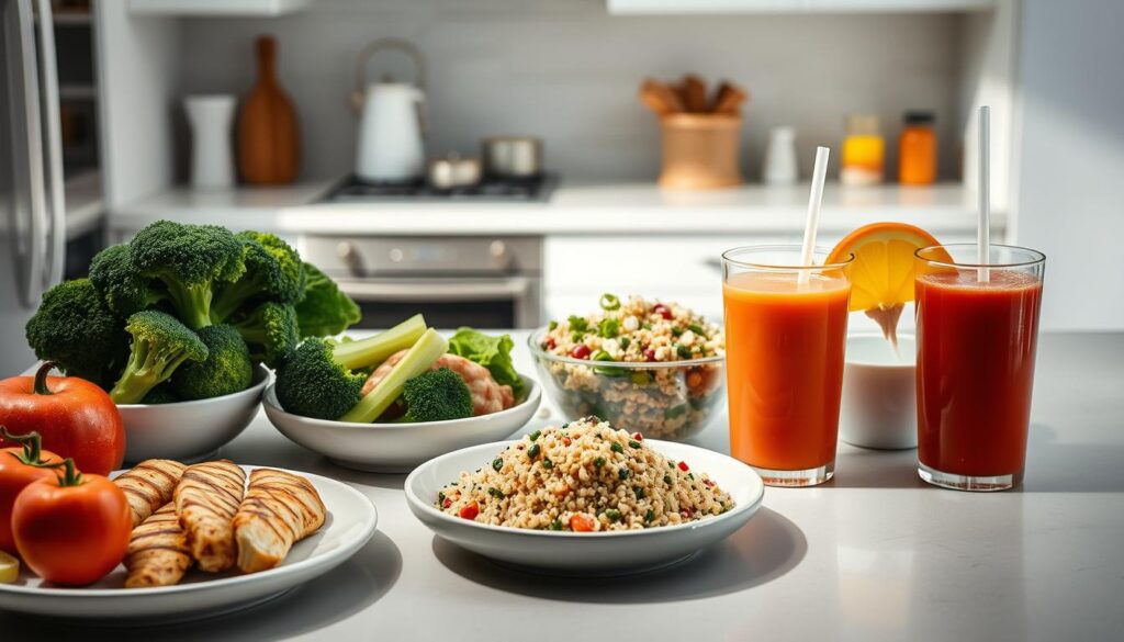 A clean, well-lit kitchen counter showcases an array of fresh, nutritious ingredients - grilled chicken, steamed broccoli, quinoa salad, and a vibrant fruit smoothie. The scene exudes a sense of healthy, balanced living, with muted tones and natural lighting highlighting the vibrant colors of the meal alternatives. The kitchen's minimalist design and the careful arrangement of the dishes convey a calm, inviting atmosphere, suggesting a departure from the typical fast-food offerings. The image aims to inspire viewers to consider healthier choices when dining at KFC, seamlessly integrating into the "Healthier Menu Alternatives" section of the article.