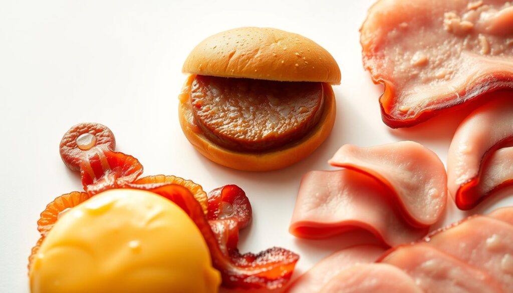 A close-up image of a selection of premium breakfast sandwich meat options from Burger King, including juicy sausage patties, crispy bacon slices, and tender ham cuts. The meats are artfully arranged on a pristine white background, highlighting their rich colors and textures. Soft, natural lighting illuminates the scene, creating a warm and appetizing atmosphere. The composition emphasizes the high quality and variety of the breakfast meat choices, inviting the viewer to imagine the delicious flavors and textures of a freshly prepared Burger King breakfast sandwich.