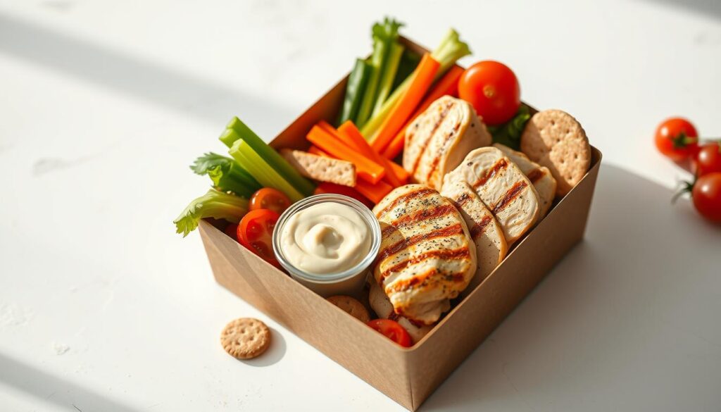 A close-up shot of a Starbucks Grilled Chicken Protein Box, captured with a high-resolution camera lens. The box is positioned on a clean, white surface, with soft, natural lighting illuminating the contents. Inside, we see tender grilled chicken breasts, a small container of creamy hummus, an assortment of fresh vegetables like carrots, celery, and grape tomatoes, and a few whole-grain crackers. The arrangement is visually appealing, with a focus on the high-protein, nutritious elements that make this a healthy and satisfying snack or meal option. The overall mood is one of simplicity, freshness, and a commitment to wellness.