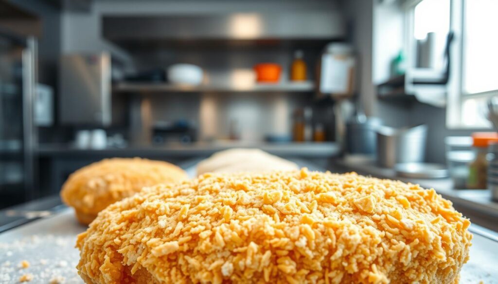 A close-up shot of a detailed chicken sandwich coating process. The foreground features crisp, golden-brown breading, with a mouthwatering texture and sheen. In the middle ground, we see the step-by-step stages of the coating procedure - flour dredging, egg wash application, and final breadcrumb dusting. The background showcases a clean, bright kitchen environment, with stainless steel surfaces and well-organized tools. Warm, diffused lighting creates a professional, culinary atmosphere, highlighting the intricate layers of the coating for a truly appetizing display.