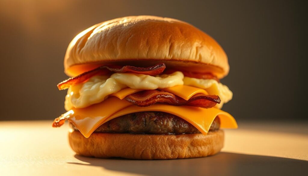 A close-up view of a Burger King Fully Loaded BK Breakfast Sandwich, captured in warm, golden morning light. The sandwich is presented on a clean, neutral surface, showcasing its delicious details. The brioche bun is perfectly toasted, with a soft, pillowy texture. Nestled between the buns are fluffy scrambled eggs, crispy bacon, melted American cheese, and a juicy sausage patty, all glistening with freshness. The composition highlights the sandwich's impressive size and abundance of ingredients, conveying a sense of indulgence and satisfaction. The image aims to entice the viewer, inviting them to consider the worthiness of the caloric investment in this tempting breakfast creation.