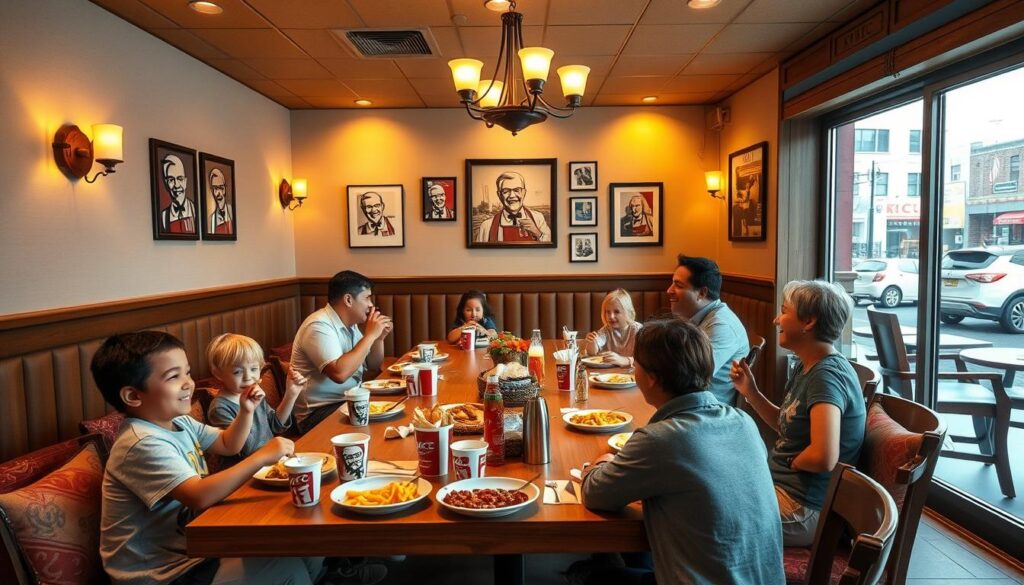 A cozy, well-lit family dining room in a KFC restaurant. A large wooden table is set with KFC buckets, sides, and drinks, surrounded by comfortable chairs. Children are happily eating, while parents engage in lively conversation. Soft lighting from wall sconces and a central chandelier creates a warm, inviting atmosphere. The walls are adorned with KFC memorabilia and framed photographs, giving the space a nostalgic, family-friendly vibe. The room has a classic, yet modern design, with clean lines and natural wood tones. A large window offers a view of a bustling city street outside, further enhancing the sense of community and togetherness.