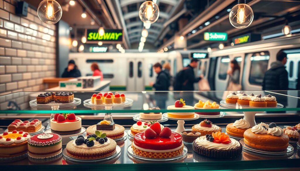 A cozy, well-lit subway cafe display showcases an array of delectable seasonal desserts. In the foreground, a glass counter presents an assortment of colorful tarts, cakes, and pastries, their vibrant hues and intricate designs catching the eye. The middle ground features a backdrop of sleek subway tiles and warm, Edison-style lighting, creating a sophisticated yet inviting atmosphere. In the background, glimpses of bustling commuters and the occasional train passing by add a sense of urban energy to the scene. The overall composition conveys a tempting, high-quality dessert selection that perfectly complements the Subway brand's commitment to quality and innovation.