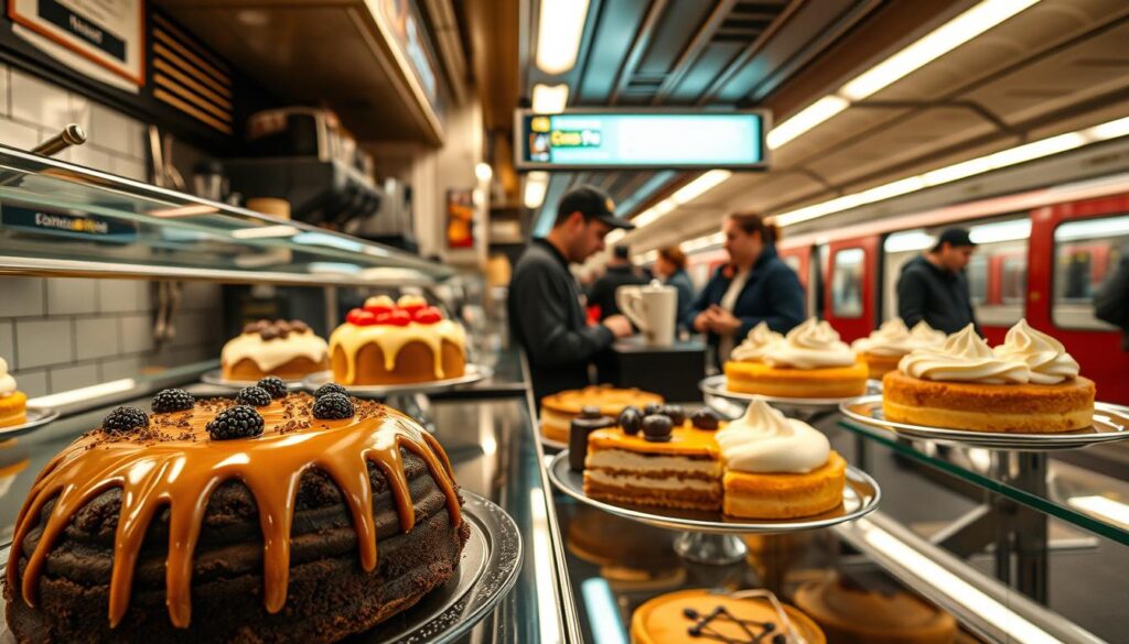 A cozy, well-lit subway station diner showcasing an array of mouthwatering dessert creations. In the foreground, a glass display case exhibits an assortment of decadent cakes, pies, and pastries - from a rich, fudgy chocolate cake drizzled with caramel to a delicate lemon meringue tart. In the middle ground, a barista prepares a variety of specialty coffee drinks, their aroma mingling with the scent of freshly baked treats. The background features the subway platform, with passengers hurrying by, their attention drawn to the tempting desserts on offer. The overall atmosphere is one of indulgence and unexpected delight, inviting the viewer to discover new and creative subway-inspired dessert combinations.