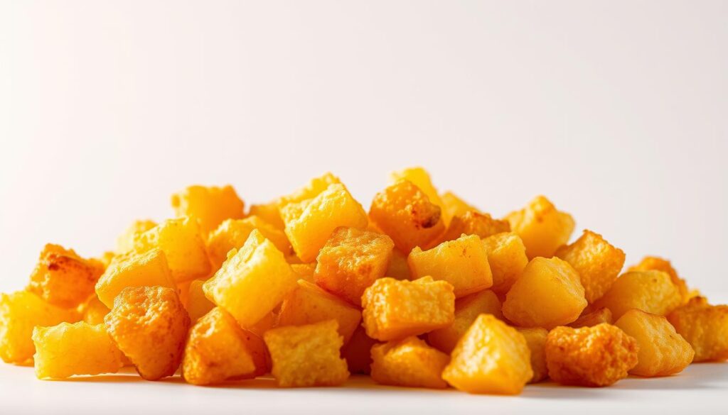 A crisp golden pile of McDonald's hash browns, freshly fried to perfection, glistening under warm studio lighting. Plump potato cubes with a delicate crunch, arranged in an inviting display against a clean, minimalist background. The aroma of salty, savory goodness fills the air, drawing the viewer in for a tantalizing taste. Captured from a high angle, the image showcases the hash browns' enticing texture and mouthwatering appeal, perfectly complementing the article's focus on McDonald's renowned breakfast sides.