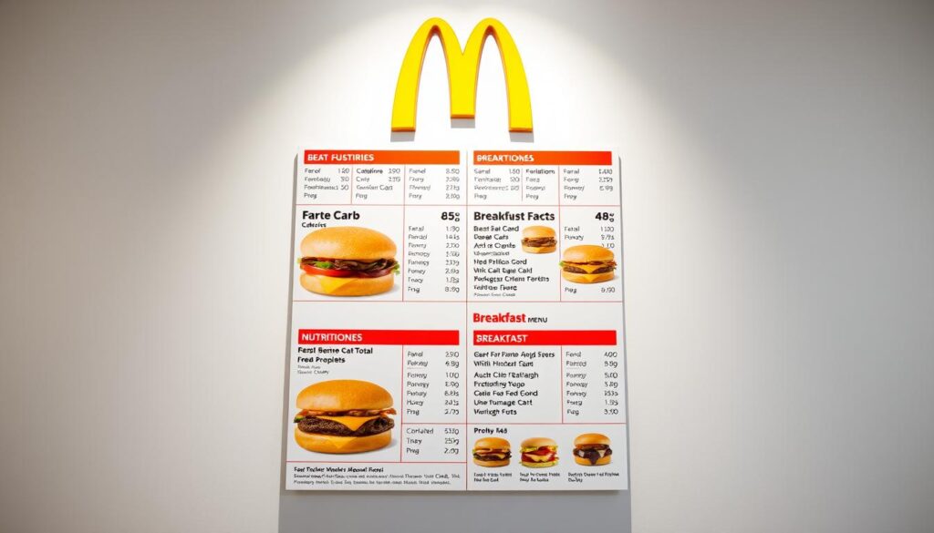 A crisp, well-lit photograph of a McDonald's breakfast menu displayed on a clean, minimalist background. The menu items are arranged neatly, with each item's nutritional information - calories, fat, carbs, protein - presented in a clear, easy-to-read format. The lighting is soft and even, highlighting the vivid colors of the menu items. The camera angle is slightly elevated, giving a comprehensive view of the entire menu. The overall tone is informative and practical, conveying the nutritional details of the breakfast options in an accessible manner.