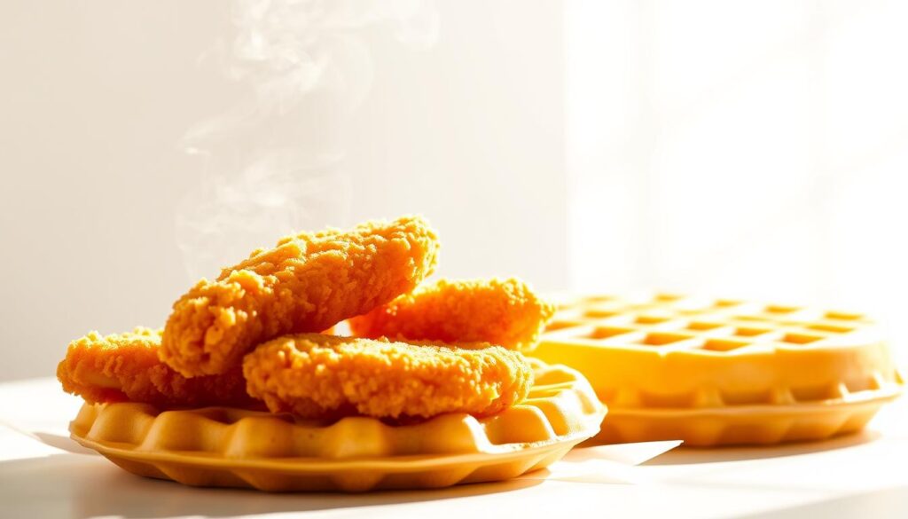 A delectable KFC Breakfast Tenders and Waffle Box sits in the foreground, steam rising from the crispy golden tenders nestled alongside a fluffy golden-brown waffle. The soft, natural lighting casts a warm, inviting glow over the scene, highlighting the tempting textures and mouthwatering details. In the background, a minimal, clean white backdrop provides a simple, uncluttered setting, allowing the star of the show - the KFC feast - to take center stage. The image conveys a sense of indulgence and comfort, perfectly capturing the essence of the "Tenders and Waffle Box Breakdown" section of the KFC Breakfast Menu article.
