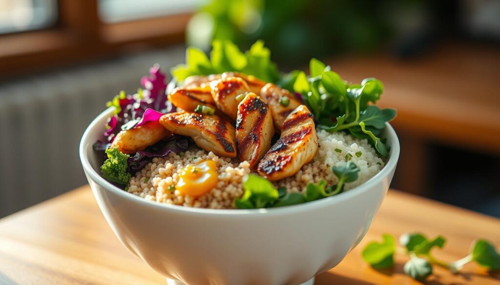 A delectable Starbucks Chicken Quinoa Protein Bowl sits center frame, showcasing a colorful array of grilled chicken, fluffy quinoa, vibrant greens, and zesty dressing. The lighting is warm and natural, casting a soft glow across the bowl's contents. The camera angle is slightly elevated, providing a tantalizing bird's-eye view of the carefully assembled dish. The background is blurred, keeping the focus squarely on the bowl's tempting contents. The overall mood is one of health, freshness, and culinary excellence, inviting the viewer to savor the nourishing and flavorful creation.