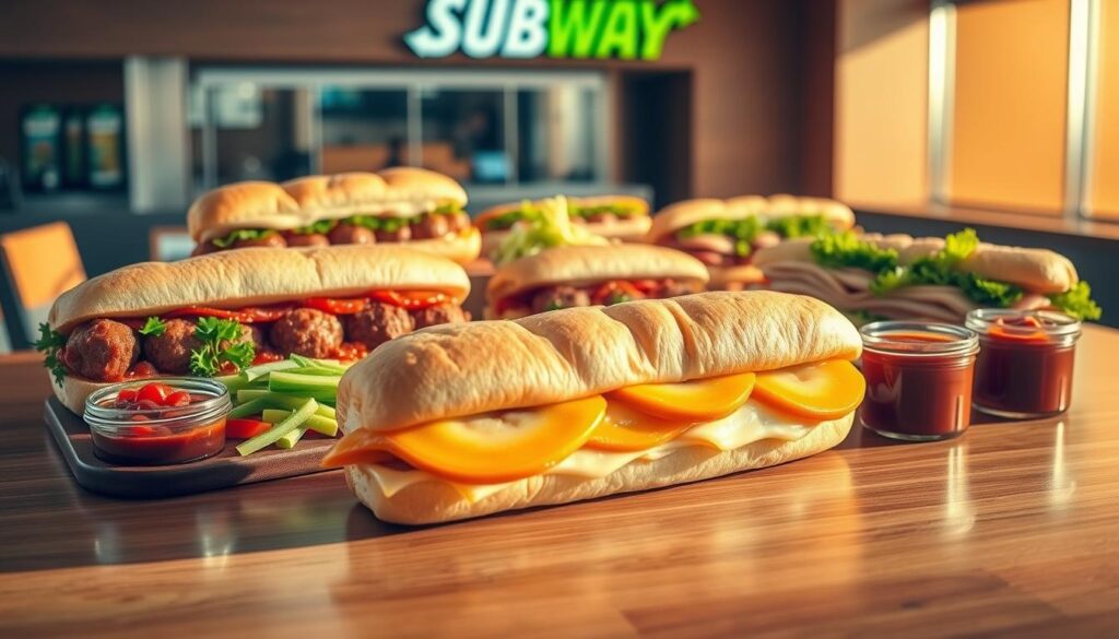 A delectable array of Subway's classic footlong sandwich varieties, artfully arranged on a sleek, wooden table. In the foreground, a freshly baked Italian herb and cheese footlong, its crisp crust and soft interior beckoning. Surrounding it, an assortment of other fan-favorites, including the savory Meatball Marinara, the zesty Spicy Italian, and the beloved Turkey Breast, all showcased under warm, natural lighting that casts a cozy, inviting glow. The middle ground features a diverse selection of toppings and sauces, from crunchy veggies to tangy condiments, while the background subtly suggests a modern, minimalist Subway storefront setting. The overall composition evokes a sense of culinary delight and the promise of a satisfying midday meal.