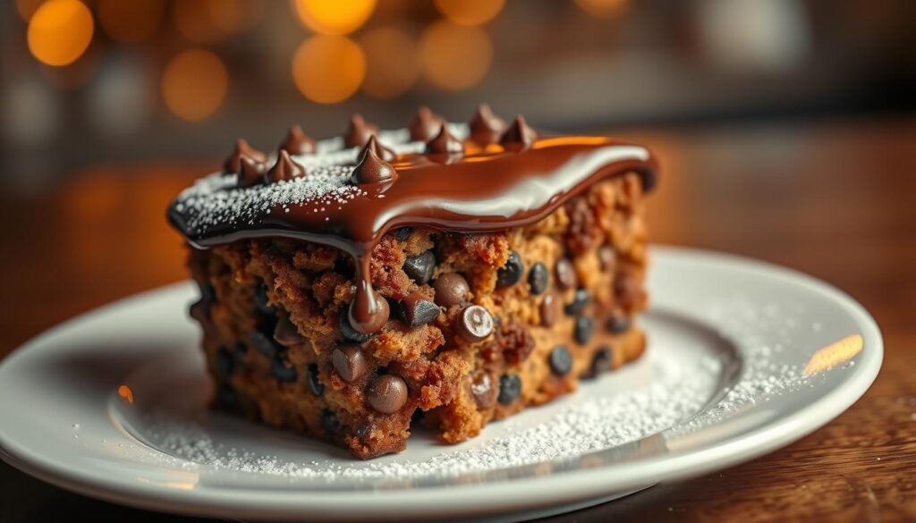 A delectable, decadent KFC Chocolate Chip Cake Dessert rests on a crisp, white porcelain plate. The cake's moist, chocolatey crumb is studded with gooey, melted chocolate chips, creating a visually enticing contrast. A thin layer of rich, glossy chocolate ganache coats the top, reflecting the warm, soft lighting above. Elegant, curving lines of powdered sugar dust the plate, accentuating the dessert's luxurious presentation. The entire scene is captured in a high-resolution, close-up photograph with a shallow depth of field, allowing the cake to be the unambiguous focal point.