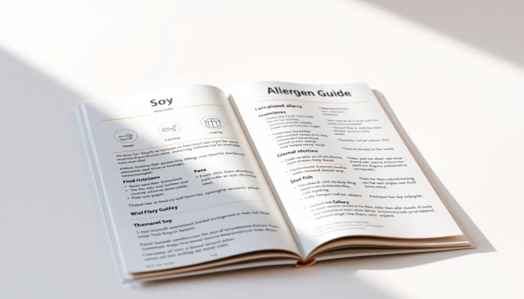 A detailed image of a McDonald's allergen guide highlighting soy and fish allergies. The guide is presented on a clean, white background, with a soft, natural lighting illuminating the pages. The guide features a neat and organized layout, with clear icons and text describing the allergen information. The pages have a glossy, high-quality finish, conveying a sense of professionalism and authority. The composition emphasizes the guide's key details, allowing the viewer to easily understand the relevant allergy information. The overall mood is one of clarity, helpfulness, and attention to detail, reflecting the importance of providing accurate and accessible allergen guidance.