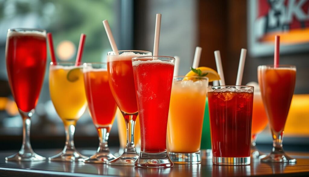 A detailed, well-lit closeup of a KFC drinks menu display featuring an array of colorful beverages in tall, sleek glasses. The menu is presented against a soft, out-of-focus background, giving it a polished, professional appearance. The lighting is warm and natural, highlighting the vibrant hues and glossy surfaces of the drinks. The overall composition is balanced and aesthetically pleasing, drawing the viewer's attention to the varied selection of tempting beverages. The scene conveys a sense of refinement and appetite appeal, perfectly capturing the essence of the "Complete KFC Drinks Menu Overview".