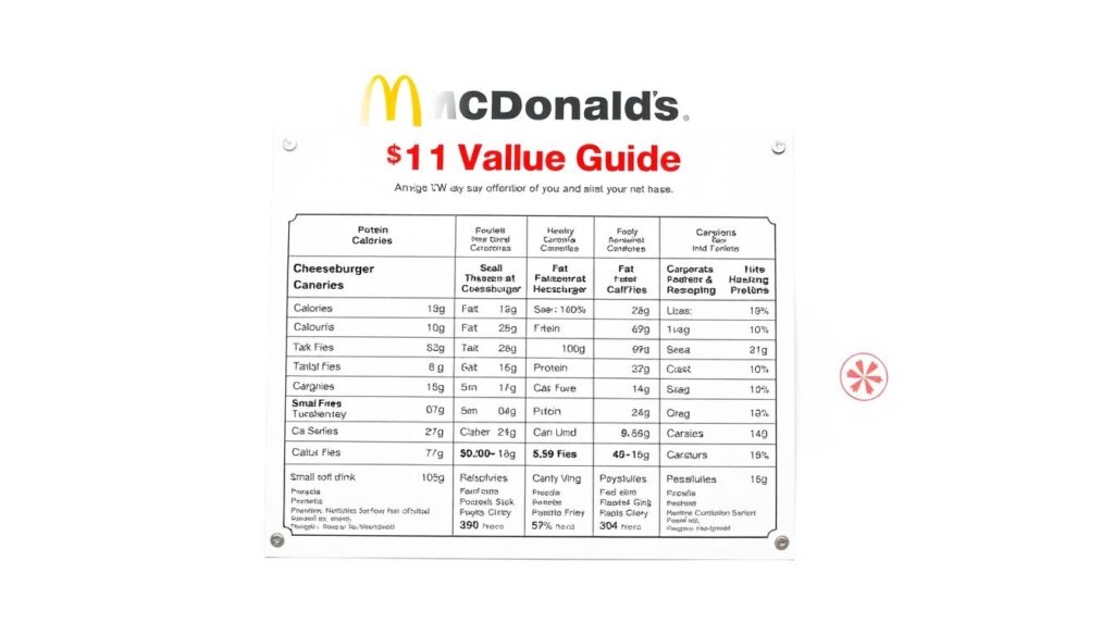 A detailed, well-lit photograph of a McDonald's-branded nutritional guide for their $1 value menu items, presented on a clean, uncluttered white background. The guide is laid out in a grid format, showcasing the calorie, fat, carbohydrate, and protein content of popular value menu choices like the cheeseburger, small fries, and small soft drink. The image has a crisp, professional look, with the McDonald's logo prominently displayed at the top. The lighting is even and highlights the clear, legible presentation of the nutritional information, creating an authoritative, informative tone.