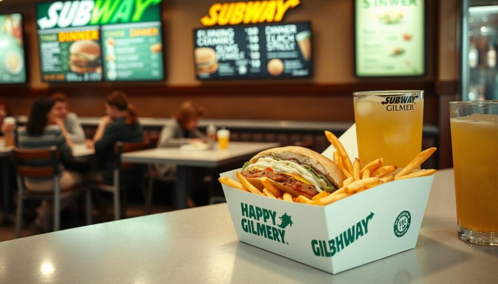 A dimly lit, cozy Subway restaurant scene. In the foreground, a takeout box with the "Happy Gilmore" logo sits open, revealing a delicious-looking Subway sandwich, crisp fries, and a large, frosty beverage. The middle ground showcases the Subway menu boards, showcasing a variety of dinner options. In the background, a group of cheerful patrons enjoy their meals at the tables, creating a warm, inviting atmosphere. The lighting is soft and muted, casting a comforting glow over the entire scene. The camera angle is slightly elevated, giving a bird's-eye view of the Subway experience, capturing the essence of the "Happy Gilmore Meal" in a visually appealing and appetizing way.