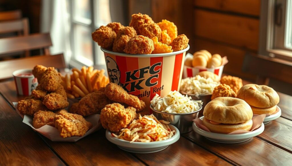 A family-sized KFC bucket meal displayed on a wooden table, with various sharing options such as fried chicken, mashed potatoes, coleslaw, and biscuits. The lighting is warm and inviting, creating a cozy and comforting atmosphere. The camera is positioned at a slight angle, capturing the full range of the bucket's contents, showcasing the variety and abundance of the meal. The background is blurred, allowing the viewer to focus on the delectable spread of the KFC Family Bucket. The overall presentation conveys a sense of togetherness and shared enjoyment, perfect for a family-friendly article on KFC's kids menu and sharing options.