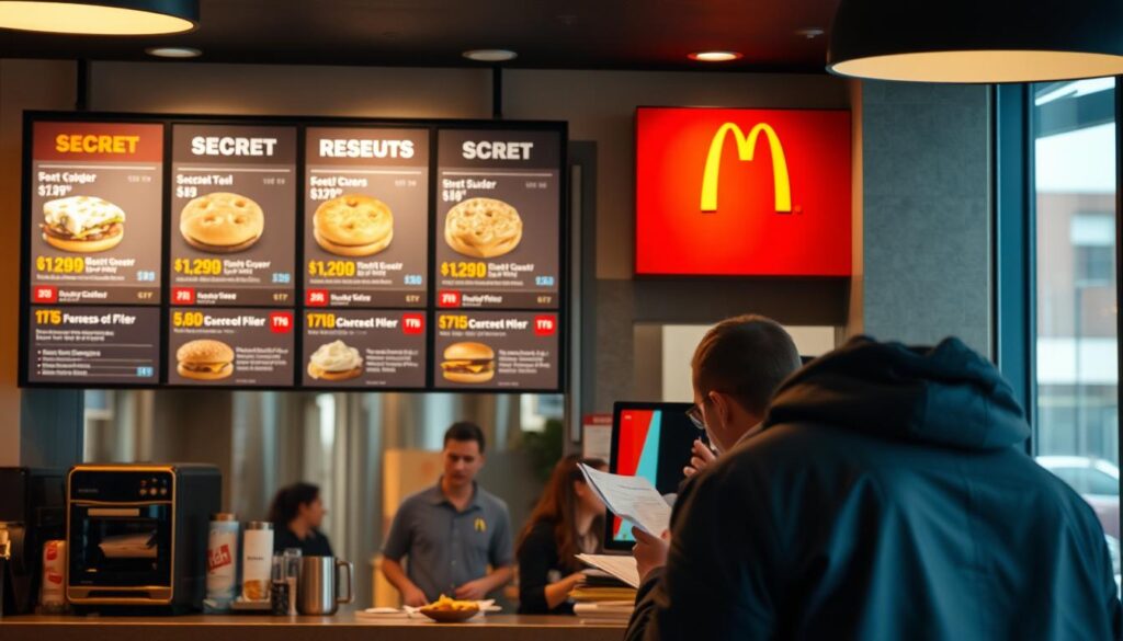 A fast-food restaurant counter with a sleek, modern design. On the menu board, carefully curated "secret" items are displayed, each with a price tag highlighting their budget-friendly nature. The lighting is warm and inviting, creating a cozy atmosphere. In the foreground, a customer examines the menu, contemplating their order. The overall scene conveys a sense of discovery and accessibility, encouraging the viewer to explore the hidden gems of the McDonald's secret menu.