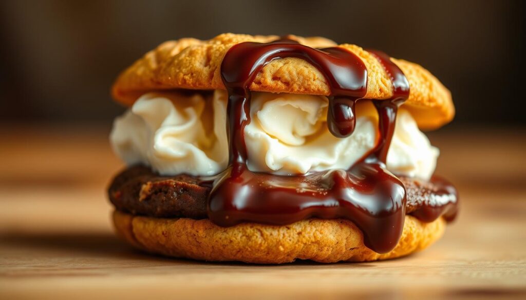 A freshly baked, golden-brown cookie sandwich, its crunchy edges giving way to a soft, chewy center. Nestled between the cookies is a generous scoop of cool, creamy vanilla ice cream, drizzled with a tantalizing chocolate sauce. The scene is bathed in a warm, inviting light, captured from a low angle to emphasize the towering layers of this decadent Subway dessert. The overall composition exudes a sense of indulgence and mouthwatering appeal, enticing the viewer to take a bite and savor the ultimate ice cream cookie sandwich experience.
