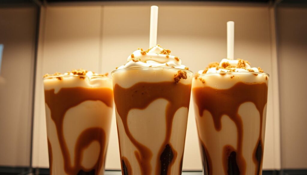 A glass-fronted display case showcases a trio of tempting KFC Iced Koffee Krunch Drinks. The beverages are layered with rich espresso, creamy ice cream, and crunchy coffee streusel, creating a visually enticing and indulgent treat. Soft, diffused lighting casts a warm glow, highlighting the drinks' glossy, condensation-beaded surfaces. The scene is captured from a slightly low angle, emphasizing the drinks' prominence and inviting the viewer to imagine the satisfying taste and texture. The backdrop is a clean, minimalist setting, allowing the star attraction - the Iced Koffee Krunch Drinks - to take center stage.