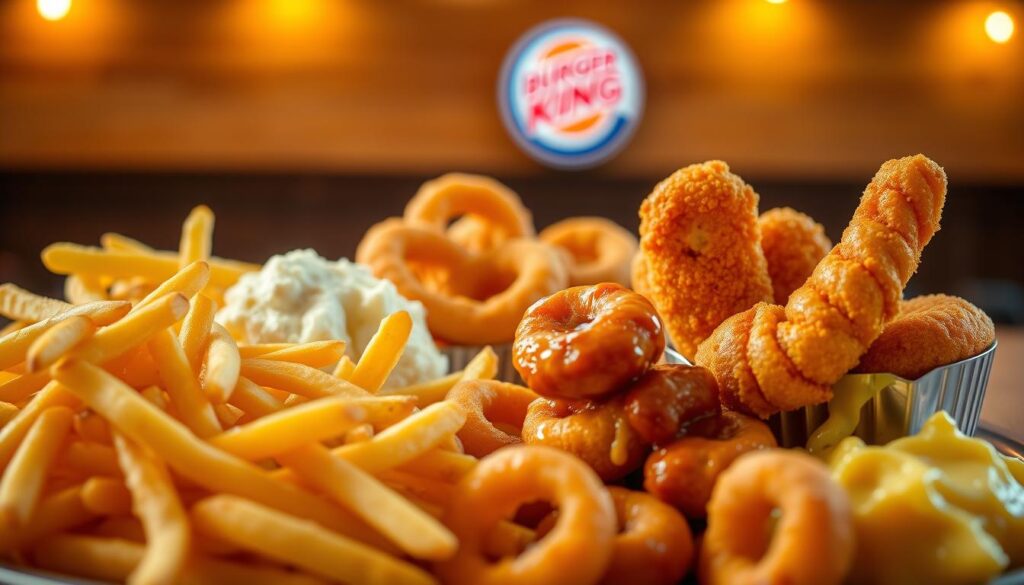 A gourmet display of Burger King's tempting side items, set against a soft, inviting backdrop. In the foreground, a luscious array of crispy french fries, fluffy onion rings, and creamy mashed potatoes, all arranged with artful precision. The middle ground features irresistible chili cheese bites and golden-brown mozzarella sticks, their melted interiors begging to be savored. In the background, a subtle hint of the Burger King logo, suggesting the high-quality, craveable nature of these accompaniments. Warm, golden lighting casts a comforting glow, evoking the welcoming atmosphere of the restaurant. The overall composition is visually appealing, enticing the viewer to indulge in these delectable Burger King side items.