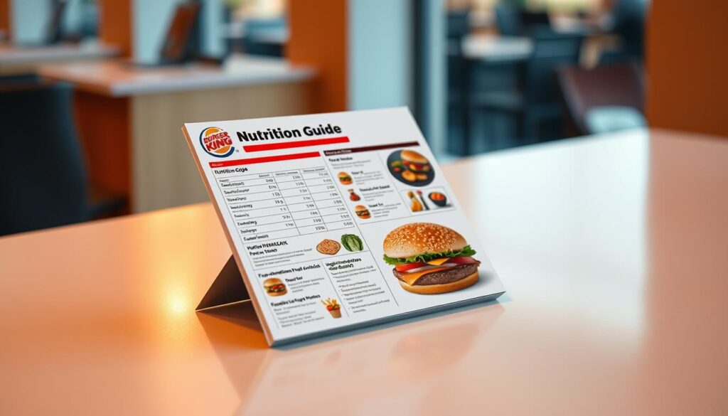 A high-quality, detailed image of a Burger King nutrition guide, presented on a sleek, modern table surface. The guide features crisp, legible typography and clear, informative graphics showcasing the nutritional information and dietary options available at Burger King. The lighting is soft and diffused, creating a warm, inviting atmosphere. The image is captured from a slightly elevated angle, giving it a professional, editorial feel. The composition is balanced and visually appealing, with the nutrition guide as the central focus, surrounded by a minimal, uncluttered background that allows the information to shine.