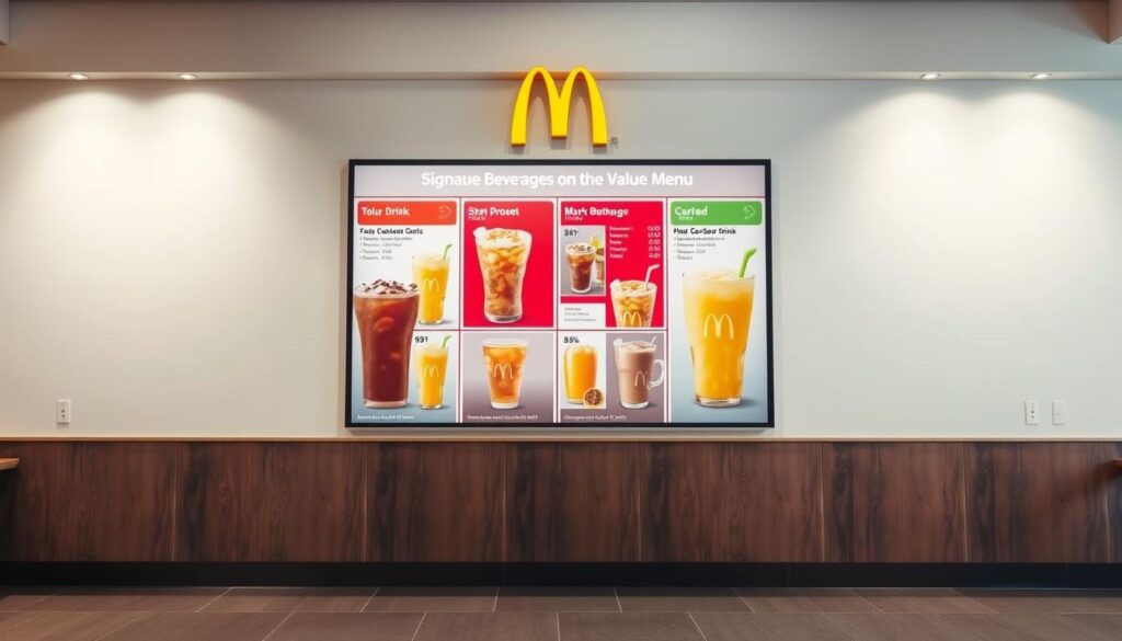 A high-quality, detailed image of a McDonald's beverage menu display, showcasing the various drink options available on their value menu. The menu should be presented in a clean, well-lit setting, with a crisp, modern aesthetic. The background should be a soft, neutral color that complements the McDonald's branding, allowing the menu items to be the focal point. The menu should feature a clear and organized layout, highlighting the different drink sizes and prices, creating a visually appealing and informative representation of the "Signature Beverages on the Value Menu" section. The overall composition should convey a sense of quality and professionalism, reflecting the information presented in the article.