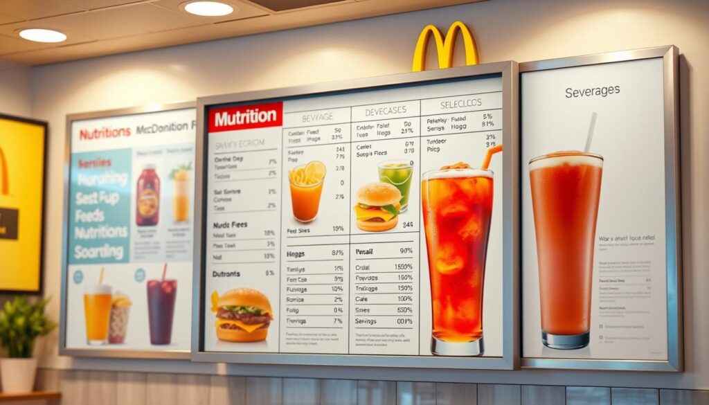 A high-resolution, detailed, and realistic image of a McDonald's nutrition menu board showcasing the beverage options, their serving sizes, and their nutritional information. The menu is displayed in a clean, well-lit setting, with a soft, warm lighting that creates a pleasant, inviting atmosphere. The menu is positioned at eye level, allowing the viewer to easily read and comprehend the information. The background is slightly blurred, subtly drawing the viewer's attention to the menu itself. The overall composition is balanced and visually appealing, providing a clear and informative representation of the McDonald's beverage choices and their nutritional impact.