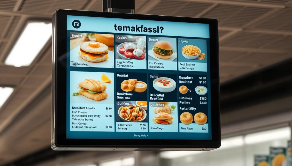 A high-resolution photograph of a subway station's breakfast menu displayed on a digital screen, showcasing a variety of delicious breakfast options. The menu is well-lit, with a clean and modern design that highlights the different meal choices, including egg sandwiches, breakfast bowls, and pastries. The background is slightly blurred, giving the image a sense of depth and focus on the menu itself. The overall atmosphere is bright, appetizing, and inviting, capturing the essence of a subway's breakfast offerings.