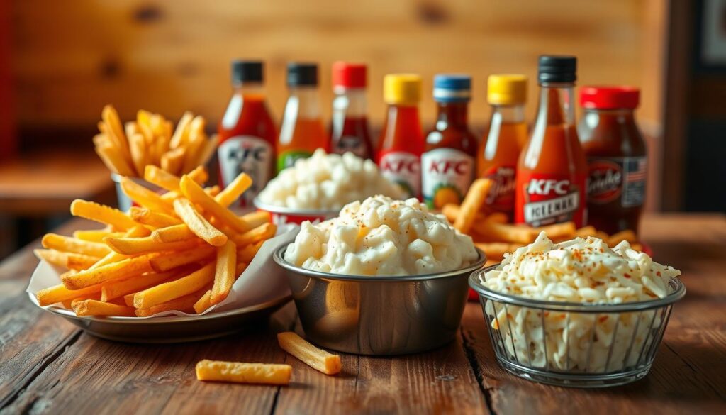 A high-resolution photograph of a tempting display of KFC's signature side dishes, shot with a shallow depth of field and warm lighting. In the foreground, crisp golden-brown French fries, fluffy mashed potatoes, and creamy coleslaw are artfully arranged on a rustic wooden table. In the middle ground, a selection of KFC's signature sauces and condiments, their vibrant colors and textures complementing the side dishes. The background features a blurred, warm-toned backdrop, suggesting a cozy, inviting KFC restaurant setting. The overall composition and styling evoke a sense of homemade comfort and KFC's dedication to delicious, high-quality side dishes.