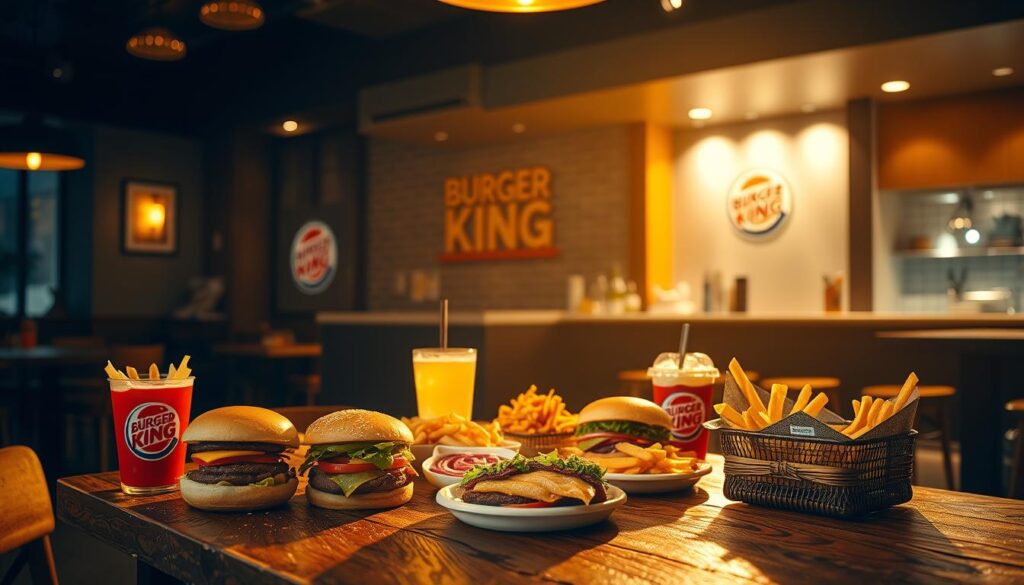 A lush, dimly lit restaurant interior with warm, golden lighting and a cozy atmosphere. In the foreground, a wooden table is set with an array of Burger King dinner deals - various burgers, fries, and drinks arranged in an enticing mix-and-match display. The middle ground features a clean, modern counter with Burger King branding, while the background showcases a slightly blurred, softly lit open kitchen, hinting at the freshly prepared food. The overall composition emphasizes the variety and flavor of the Burger King dinner options, inviting the viewer to customize their perfect meal.