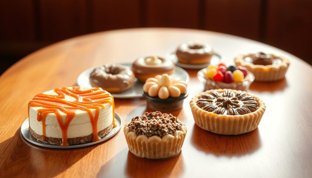 A lush, mouth-watering display of KFC's seasonal dessert offerings sits atop a gleaming, wooden table. In the foreground, an array of delectable treats - from a creamy, caramel-drizzled cheesecake to a fluffy, golden-crusted pecan pie - beckon the viewer. The middle ground showcases a variety of individual-sized sweets, including a rich, chocolate-dipped doughnut and a vibrant, fruit-topped tart. In the background, a warm, soft-lit ambiance sets the stage, hinting at the cozy, indulgent experience that awaits. Subtle shadows and highlights accentuate the textures and shapes of the desserts, creating a visually captivating and mouthwatering scene.