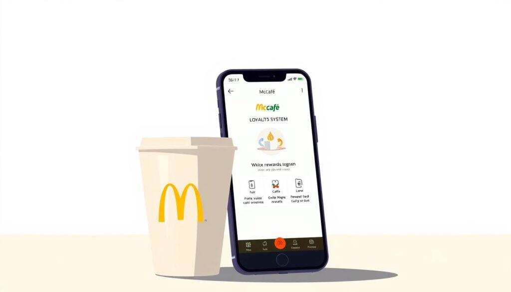 A modern, minimalist illustration of the McDonald's McCafé Rewards Program. In the foreground, a stylized McDonald's coffee cup and a smartphone displaying the McCafé app interface, showcasing the rewards system and loyalty benefits. The middle ground features a clean, white background with subtle geometric patterns, conveying a sense of simplicity and elegance. The background is softly lit, with a warm, inviting glow that complements the branding colors of the McCafé logo. The overall composition is balanced, drawing the viewer's attention to the key elements of the rewards program in a visually compelling manner.