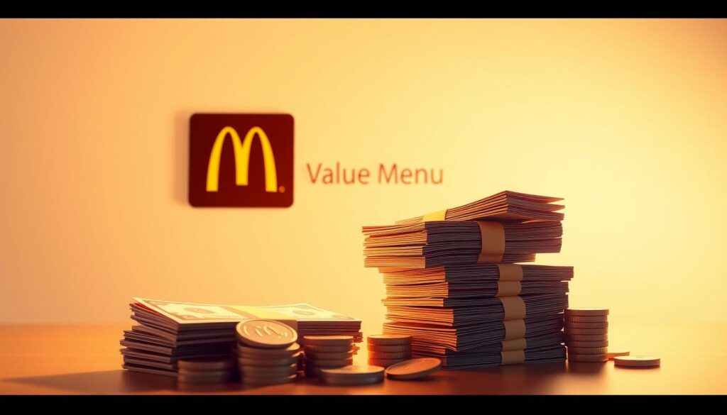A modern, minimalist illustration showcasing the savings of McDonald's value menu. In the foreground, a stack of colorful dollar bills and coins, representing the affordable prices. In the middle ground, a clean and sleek McDonald's logo, subtly hinting at the menu. The background features a simple gradient, creating a sense of depth and focus on the central elements. The overall composition is balanced, with warm lighting and a slightly elevated camera angle to convey a sense of value and accessibility. The mood is one of simplicity, efficiency, and the satisfaction of getting the most for your money.