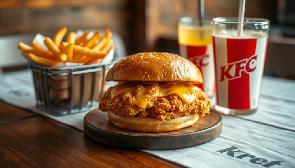 A mouthwatering KFC chicken sandwich rests on a rustic wooden table, its golden-brown battered exterior glistening under warm, soft lighting. The sandwich is presented alongside a side of crispy, seasoned fries and a refreshing beverage, creating a visually appealing and tempting lunch menu display. The table is adorned with a simple, yet elegant white tablecloth, adding a touch of sophistication to the scene. The composition features a shallow depth of field, allowing the sandwich to be the focal point, while the background remains pleasantly blurred, creating a sense of focus and emphasis on the star of the meal.