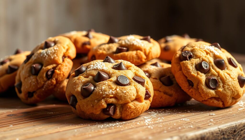 A mouthwatering arrangement of freshly baked KFC dessert cookies, artfully presented on a rustic wooden surface. The cookies, golden-brown with a delicate crunch, are dotted with rich chocolate chips that contrast beautifully with the buttery dough. Soft, pillowy centers tempt the senses, while a light dusting of powdered sugar adds a touch of sweetness. Warm kitchen lighting casts a cozy glow, highlighting the tempting textures and inviting the viewer to indulge. The cookies are positioned in the foreground, with a simple background of neutral tones to allow the delectable treats to take center stage. An irresistible sight that captures the essence of KFC's sweet dessert offerings.