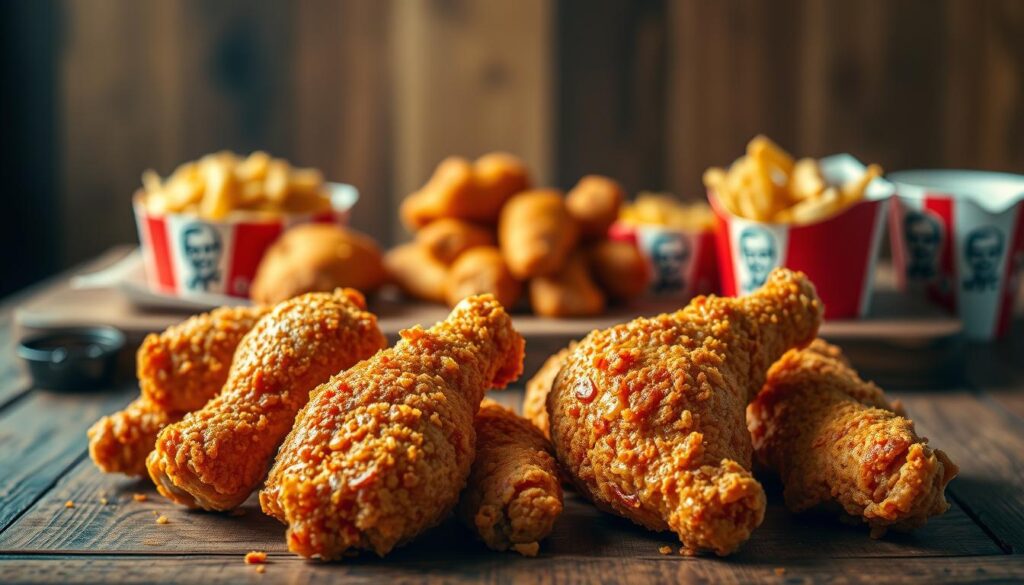 A mouthwatering display of KFC's signature Extra Crispy Chicken menu items, bathed in warm, golden-brown hues and shot with a shallow depth of field. In the foreground, a cluster of crispy, perfectly seasoned drumsticks and thighs, glistening with a crackly, crunchy exterior. In the middle ground, a selection of individual pieces and combos, arranged artfully on a rustic wooden surface. The background is softly blurred, allowing the focus to remain on the star of the show - the Extra Crispy Chicken, in all its glory. The lighting is natural and flattering, enhancing the tempting textures and tantalizing details of these iconic KFC specialties.