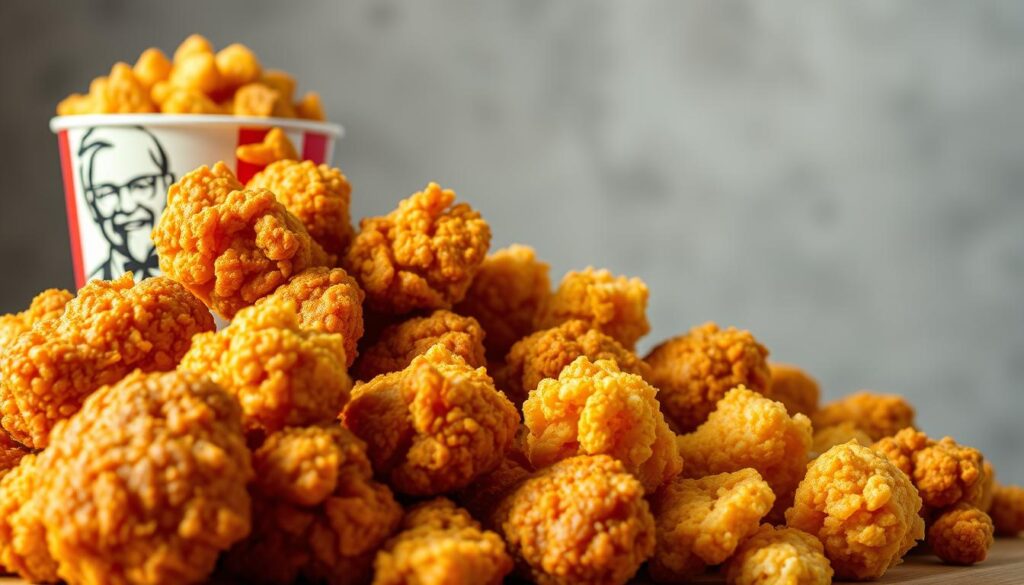 A mouthwatering display of KFC's signature chicken varieties, captured in a high-quality, detailed image. The foreground showcases an assortment of golden-fried chicken pieces, including the iconic Original Recipe, Extra Crispy, and Popcorn Chicken, arranged in a visually appealing manner. The middle ground features the unique textures and colors of the various chicken cuts, with highlights on the crunchy skin and juicy meat. The background is a simple, neutral setting, allowing the focus to remain on the delectable chicken. The lighting is natural and flattering, enhancing the appetizing appearance of the dish. The overall atmosphere conveys a sense of culinary excellence and the irresistible allure of KFC's signature chicken offerings.