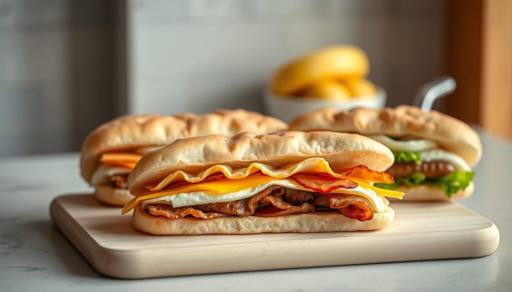 A neatly arranged composition showcasing a selection of Subway's breakfast flatbread sandwiches. In the foreground, three fluffy flatbread sandwiches filled with a variety of ingredients - egg, cheese, and savory breakfast meats like bacon or sausage. The sandwiches are placed on a clean, light surface, perhaps a wooden cutting board or a minimalist tray, creating a simple yet appetizing display. The middle ground features a blurred background, hinting at the familiar Subway restaurant environment, with its neutral tones and clean lines. The lighting is soft and natural, creating a warm, inviting atmosphere that emphasizes the freshness and appeal of the breakfast menu items. The overall impression is one of a high-quality, artisanal breakfast spread, capturing the essence of Subway's breakfast offerings.